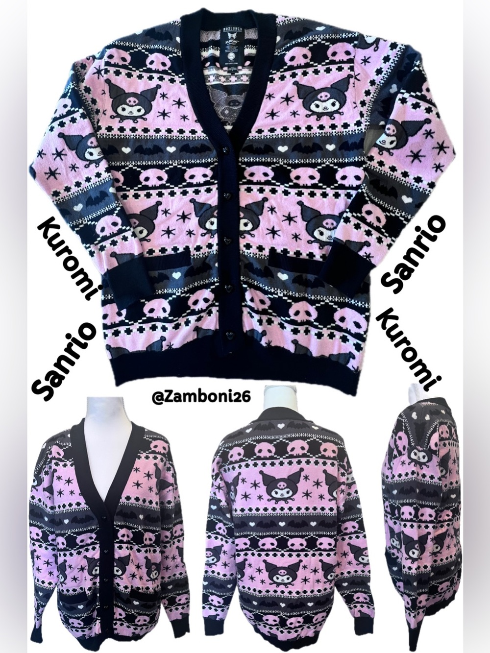 Sanrio Kuromi Bats Skulls Box Lunch Exclusive Heart Buttons Cardigan Small